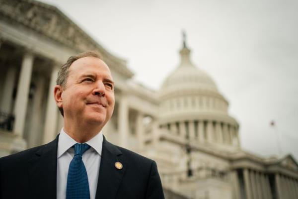 WASHINGTON, DC - JUNE 21: Rep. Adam Schiff (D-CA) gaggles with reporters as he walks down the steps of the House of Representatives at the U.S. Capitol on Wednesday, June 21, 2023 in Washington, DC. The House GOP defeated Democrats' attempt to block a public reprimand of Rep. Adam Schiff, clearing the way for Republicans to censure the California Democrat. (Kent Nishimura / Los Angeles Times via Getty Images)