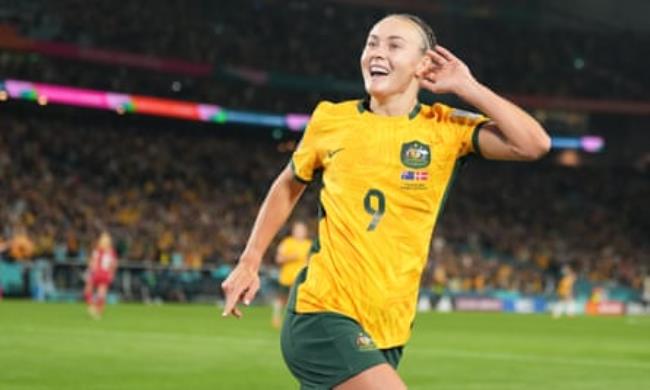 Caitlin Foord celebrates her goal against Denmark.