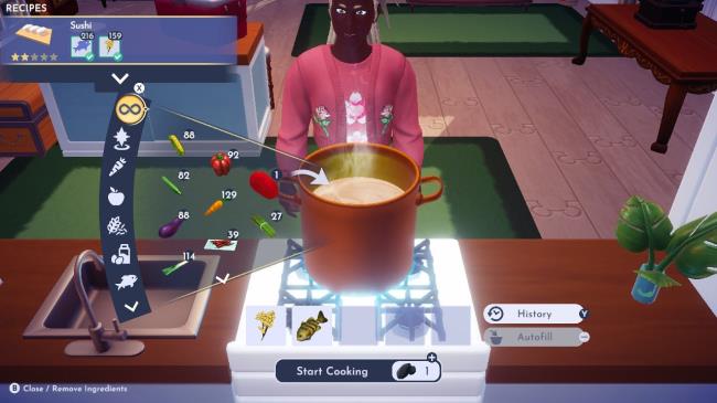 Player character cooking one sushi recipe variant at a stove in Disney Dreamlight Valley.
