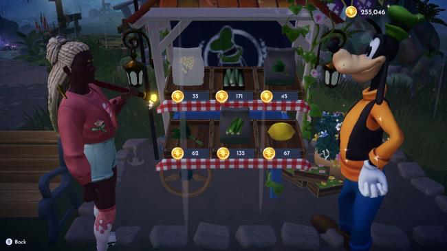 Player character buying crops at Goofy's Glade of Trust stall in Disney Dreamlight Valley.