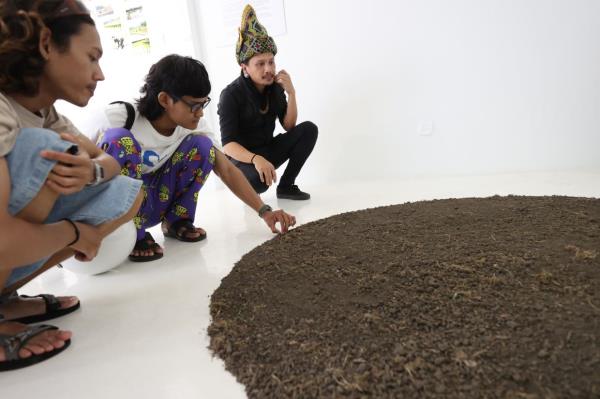 Visitors look and touch the soil that came from the paddy field where the word 'JAMIN' was planted. Photo: The Star/ Glenn Guan