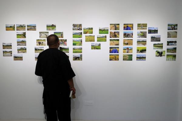A visitor looks closely at the photos featured in the 'Pagar & Padi' exhibition. Photo: The Star/ Glenn Guan