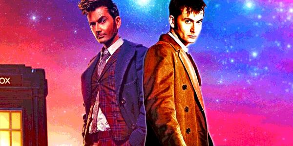 The Fourteenth Doctor in his blue overcoat, and the Tenth Doctor in his brown overcoat