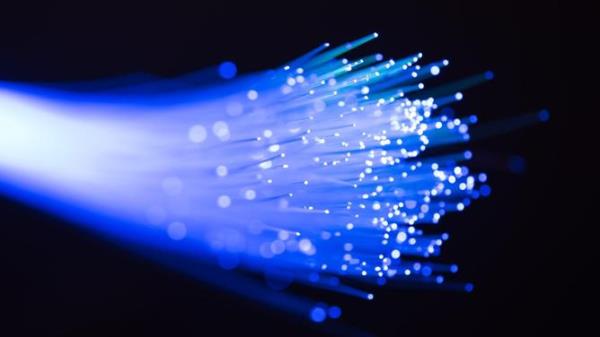 Ends of a group of blue fiber optic cables