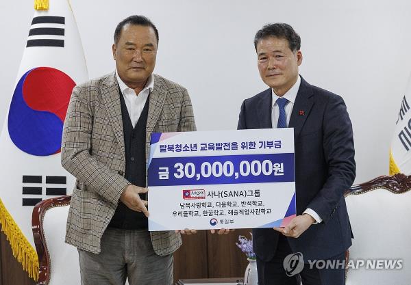 Unification Minister Kim Yung-ho (R) and South Korean businessman Choi Young-chul pose during a meeting at the ministry on Jan. 24, 2024. (Yonhap)