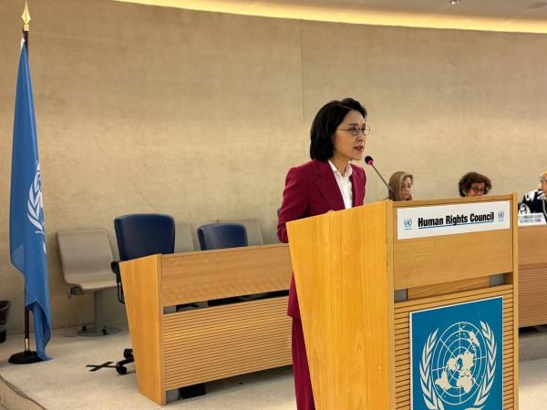 Second Vice Foreign Minister Kang In-sun delivers her keynote speech at the 55th session of the Human Rights Council in Geneva on Feb. 27, 2024, in this photo provided by the ministry the following day. (PHOTO NOT FOR SALE) (Yonhap)