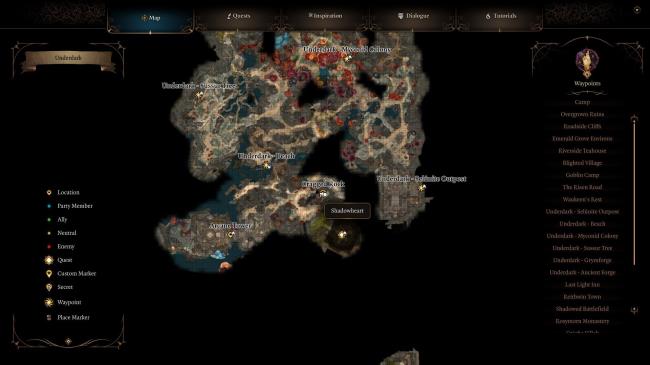 Baldur's Gate 3 Shadowheart On Map Of Underdark