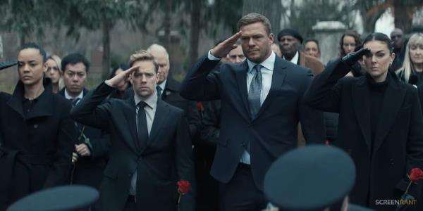 Neagley, AM, Jack, and Karla attending a funeral in Reacher season 2
