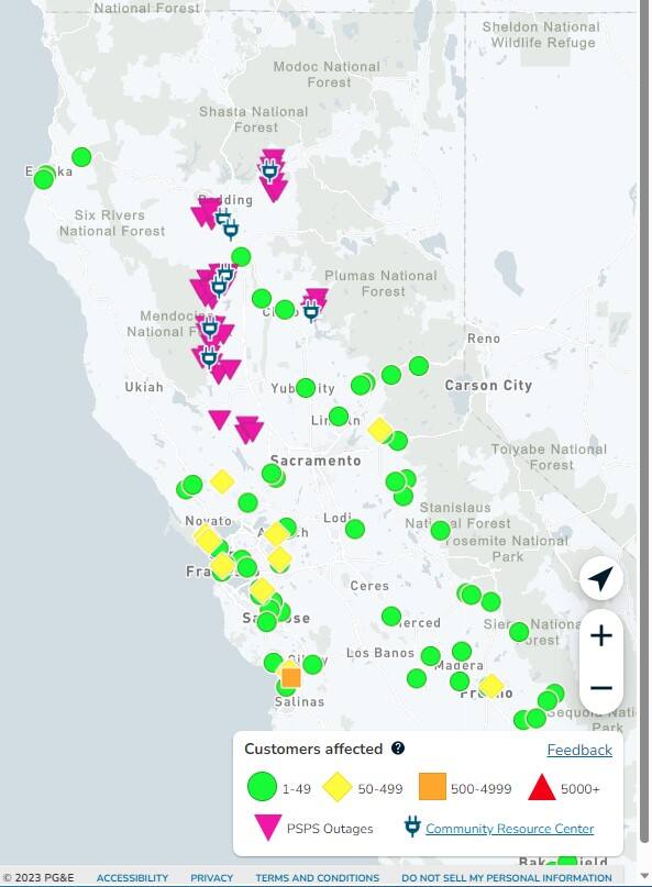Pacific Gas & Electric Co.’s public safety power shutoff map shows outages for 56 customers in southeast Lake County, among 8,400 customers affected in California locations as of 8:25 a.m. Wednesday, Aug. 30, 2023. (Courtesy: PG&E)
