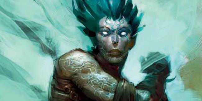  An image of an air genasi fromDungeons & Dragons; this one has blue hair, glowing eyes, and intricate tattoos.