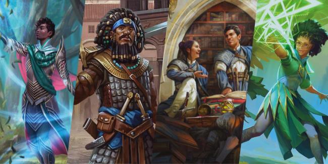Dungeons & Dragons - Split screen image of various fighters, scholars and spellcasters from D&D