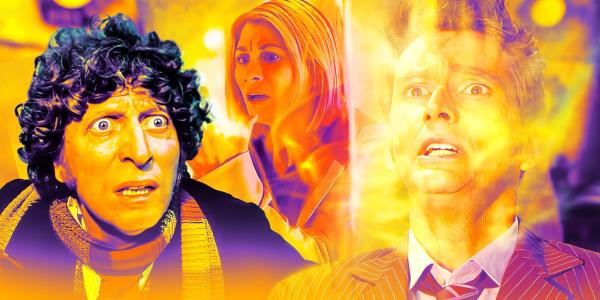 Tom Baker as the Fourth Doctor, David Tennant as the Tenth Doctor, and Jodie Whittaker as the Thirteenth Doctor in Doctor Who