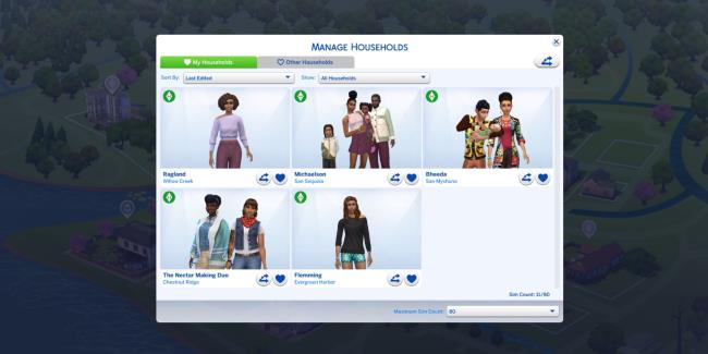 The Sims 4 Manage Households Screen