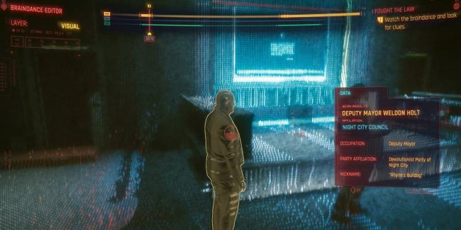 V watching a braindance of the former NC Mayor in Editor Mode in Cyberpunk 2077.
