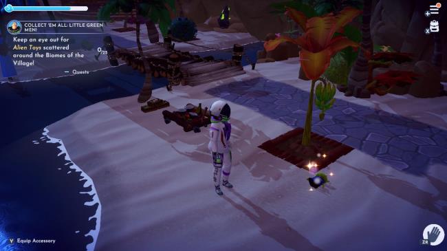 Avatar picking up an Alien Toy on Dazzle Beach in Disney Dreamlight Valley