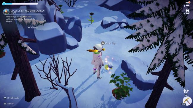 Avatar character picking up an Alien Toy in the Frosted Heights in Disney Dreamlight Valley