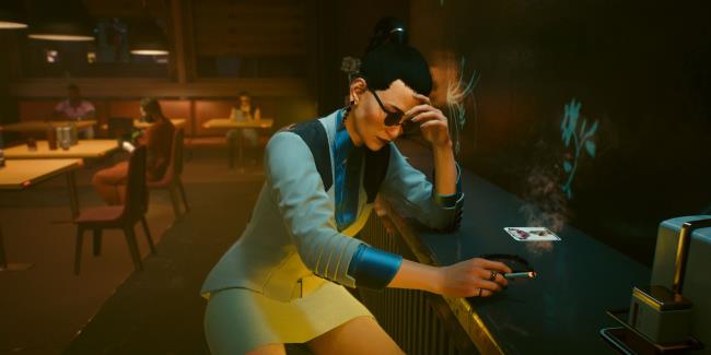 Elizabeth stressed out in a ramen restaurant in Cyberpunk 2077.