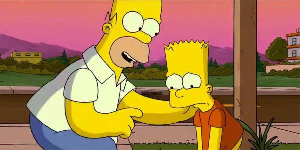 Homer talking to a sad Bart without pants outside Krusty Burger in the Simpsons Movie