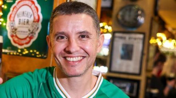 Caio Benicio, the courageous Deliveroo driver who intervened after the knife attack on Dublin’s Parnell St, enjoying a pint with members of The Gofundme team at The Ferryman Pub in Dublin’s Docklands. Picture: Marc O'Sullivan