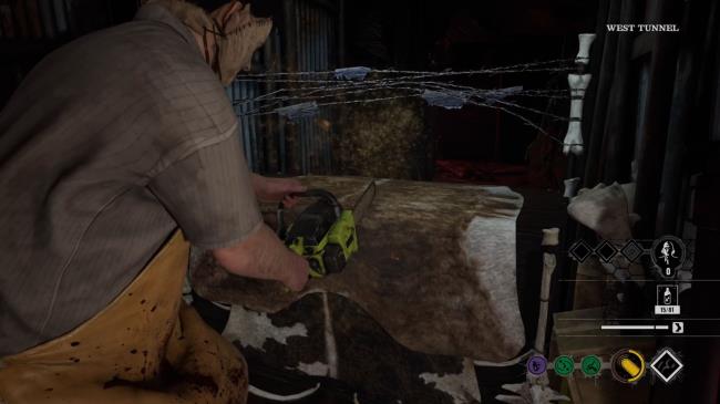 Leatherface cutting through a barricade to prevent Victims from escaping in The Texas Chain Saw Massacre.