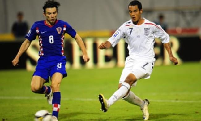 Theo Walcott completes his England hat-trick against Croatia in September 2008